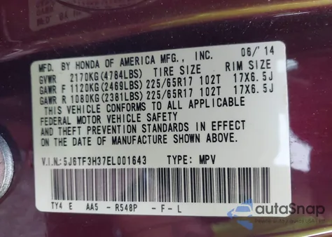 2014 Honda Crosstour Ex из США, поврежденный, VIN 5J6TF3H37EL001643